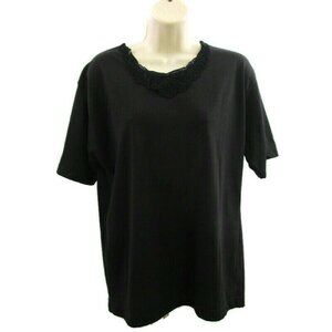 Womens Top Size Large Black Embroidered Neckline Short Sleeves A&M Collection
